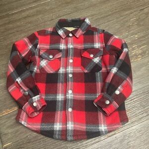 Eddie Bauer Boys Sherpa Lined Shirt Jacket Red Black Plaid Snaps Pockets 4/5
